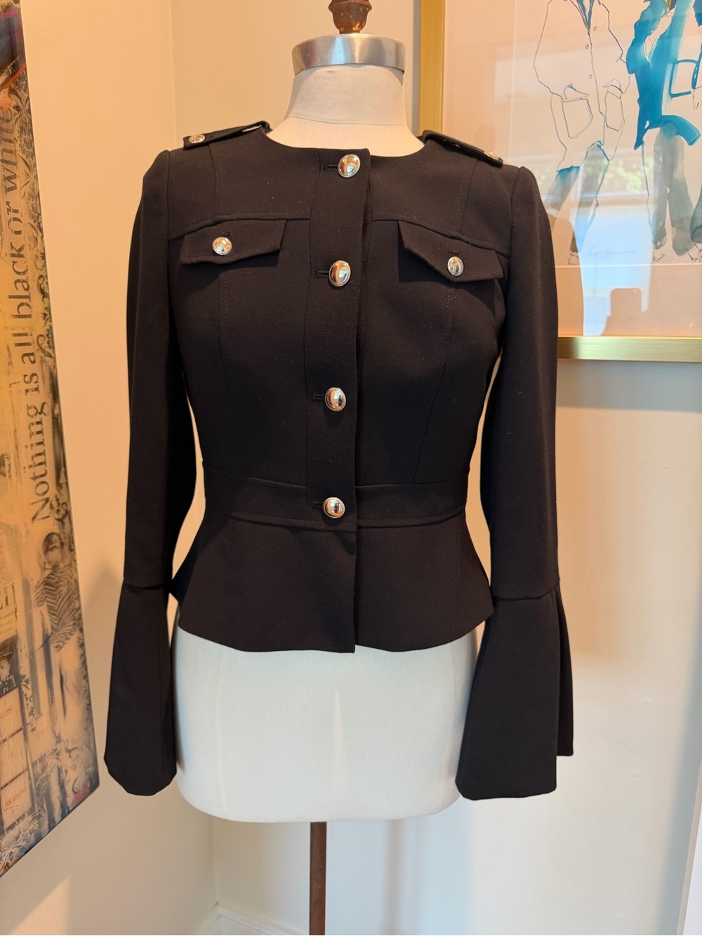 White House Black Market Black Tailored Military-Style Jacket with Flared Sleeve